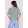 Kadın Kedi Baskılı Oversize Crop Tişört Salaş Basic Yarım Kol T-shirt - Mint Yeşili