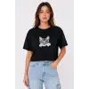 Kadın Kedi Baskılı Oversize Crop Tişört Salaş Basic Yarım Kol T-shirt - Siyah
