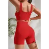 Kadın Kırmızı Kalın Askılı Yüksek Bel Şortlu Gecelik Takımı H110507