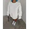 Kadın Bisiklet Yaka 3 İplik Pamuklu Basic SweatShirt - Beyaz