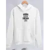 Kadın Oversize Kapüşonlu Cepli Baskılı 3 İplik Pamuklu Hoodie Sweatshirt - Beyaz