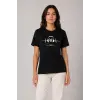 Kadın Müzik Temalı Baskılı Tişört Bisiklet Yaka Kısa Kol T-Shirt - Siyah