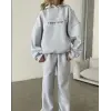 Kadın Nakış İşlemeli 3 İplik Pamuklu Sweat Alt-Üst Takım- Gri