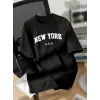 kadın New York Baskılı Tişört Kısa Kol Bisiklet Yaka T-shirt - Siyah