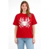 Kadın Örümcek Baskılı Tişört Kısa Kollu Bisiklet Yaka T-Shirt - Kırmızı