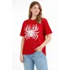 Kadın Örümcek Baskılı Tişört Kısa Kollu Bisiklet Yaka T-Shirt - Kırmızı