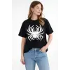 Kadın Örümcek Baskılı Tişört Kısa Kollu Bisiklet Yaka T-Shirt - Siyah