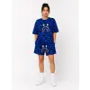 Kadın Oversize Kalıp Pubg Bape X Shark Nakışlı Cepli Şort Takım - Mavi