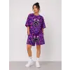 Kadın Oversize Kalıp Pubg Bape X Shark Nakışlı Cepli Şort Takım - Mor