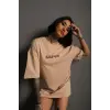 Kadın Oversize Tişört Golf GTI Retro Araba Baskılı T-shirt - Bej