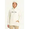 Kadın Kapüşonlu Kanguru Cepli Sweatshirt 3 İplik Pamuklu Baskılı Hoodie - Beyaz