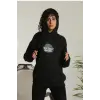 Kadın Oversize Kapüşonlu Cepli Baskılı 3 İplik Pamuklu Hoodie Sweatshirt - Siyah