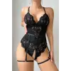Kadın Siyah Dantel Jartiyerli Bodysuit Gecelik - Kemer Detaylı H110422