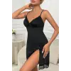 Kadın Siyah Dantelli Fiyonklu ve Yırtmaçlı Şık Gecelik H110475