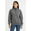 Kadın 3 İplik Pamuklu Dık Yaka Yarım Fermuarlı SweatShirt - Antrasit