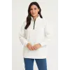 Kadın 3 İplik Pamuklu Dık Yaka Yarım Fermuarlı SweatShirt - Beyaz
