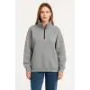 Kadın 3 İplik Pamuklu Dık Yaka Yarım Fermuarlı SweatShirt - Gri
