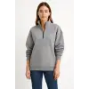 Kadın 3 İplik Pamuklu Dık Yaka Yarım Fermuarlı SweatShirt - Gri