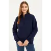 Kadın 3 İplik Pamuklu Dık Yaka Yarım Fermuarlı SweatShirt - Lacivert