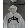 Kadın Kapüşonlu Kanguru Cepli Sweatshirt 3 İplik Pamuklu Baskılı Hoodie -  Beyaz