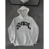 Kadın Kapüşonlu Kanguru Cepli Sweatshirt 3 İplik Pamuklu Baskılı Hoodie -  Beyaz