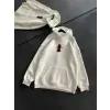 Kadın Kapüşonlu Kanguru Cepli Sweatshirt 3 İplik Pamuklu Baskılı Hoodie - Beyaz