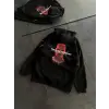 Kadın Kapüşonlu Kanguru Cepli Sweatshirt 3 İplik Pamuklu Baskılı Hoodie - Siyah