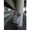 Kadın Kapüşonlu Kanguru Cepli Sweatshirt 3 İplik Pamuklu Baskılı Hoodie - Gri