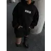Kadın Kapüşonlu Kanguru Cepli Sweatshirt 3 İplik Pamuklu Baskılı Hoodie - Siyah