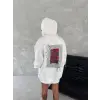 Kadın Kapüşonlu Kanguru Cepli Sweatshirt 3 İplik Pamuklu Baskılı Hoodie - Beyaz