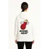 Kadın Kapüşonlu Kanguru Cepli Sweatshirt 3 İplik Pamuklu Baskılı Hoodie - Beyaz