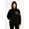Kadın 3 İplik Pamuklu Kapüşonlu Kanguru Cepli Baskılı Hoodie Sweatshirt - Siyah