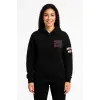 Kadın 3 İplik Pamuklu Kapüşonlu Kanguru Cepli Baskılı Hoodie Sweatshirt - Siyah