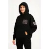 Kadın 3 İplik Pamuklu Kapüşonlu Kanguru Cepli Baskılı Hoodie Sweatshirt - Siyah