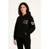 Kadın 3 İplik Pamuklu Kapüşonlu Kanguru Cepli Baskılı Hoodie Sweatshirt - Siyah