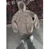 Kadın 3 İplik Pamuklu Kapüşonlu Kanguru Cepli Baskılı Oversize Hoodie Sweatshirt - Bej