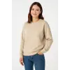 Kadın 3 İplik Pamuklu Düz Bisiklet Yaka SweatShirt - Bej