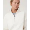 Kadın 3 İplik Pamuklu Oversize Yarım Fermuarlı Yakalı Basic Sweatshirt - Beyaz