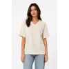 Kadın V Yaka Basic Tişört Kısa Kol Yazlık Regular Fit T-Shirt - Bej