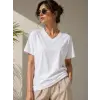 Kadın V Yaka Basic Tişört Kısa Kol Yazlık Regular Fit T-Shirt - Beyaz
