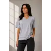 Kadın V Yaka Basic Tişört Kısa Kol Yazlık Regular Fit T-Shirt - Gri