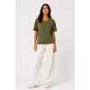Kadın V Yaka Basic Tişört Kısa Kol Yazlık Regular Fit T-Shirt - Haki