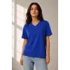Kadın V Yaka Basic Tişört Kısa Kol Yazlık Regular Fit T-Shirt - Saks Mavisi