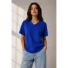 Kadın V Yaka Basic Tişört Kısa Kol Yazlık Regular Fit T-Shirt - Saks Mavisi