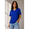 Kadın V Yaka Basic Tişört Kısa Kol Yazlık Regular Fit T-Shirt - Saks Mavisi