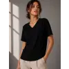 Kadın V Yaka Basic Tişört Kısa Kol Yazlık Regular Fit T-Shirt - Siyah