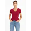 Kadın T-Shirt V Yaka Slim Fit Likralı Tişört Yazlık Basic Body - Kırmızı
