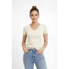 Kadın T-Shirt V Yaka Slim Fit Likralı Tişört Yazlık Basic Body - Taş