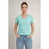 Kadın T-Shirt V Yaka Slim Fit Likralı Tişört Yazlık Basic Body - Turkuvaz