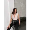 Kadın Vatkalı Kolsuz V Yaka Drapeli Crop Bluz Likralı Fit - Boyalı Gri